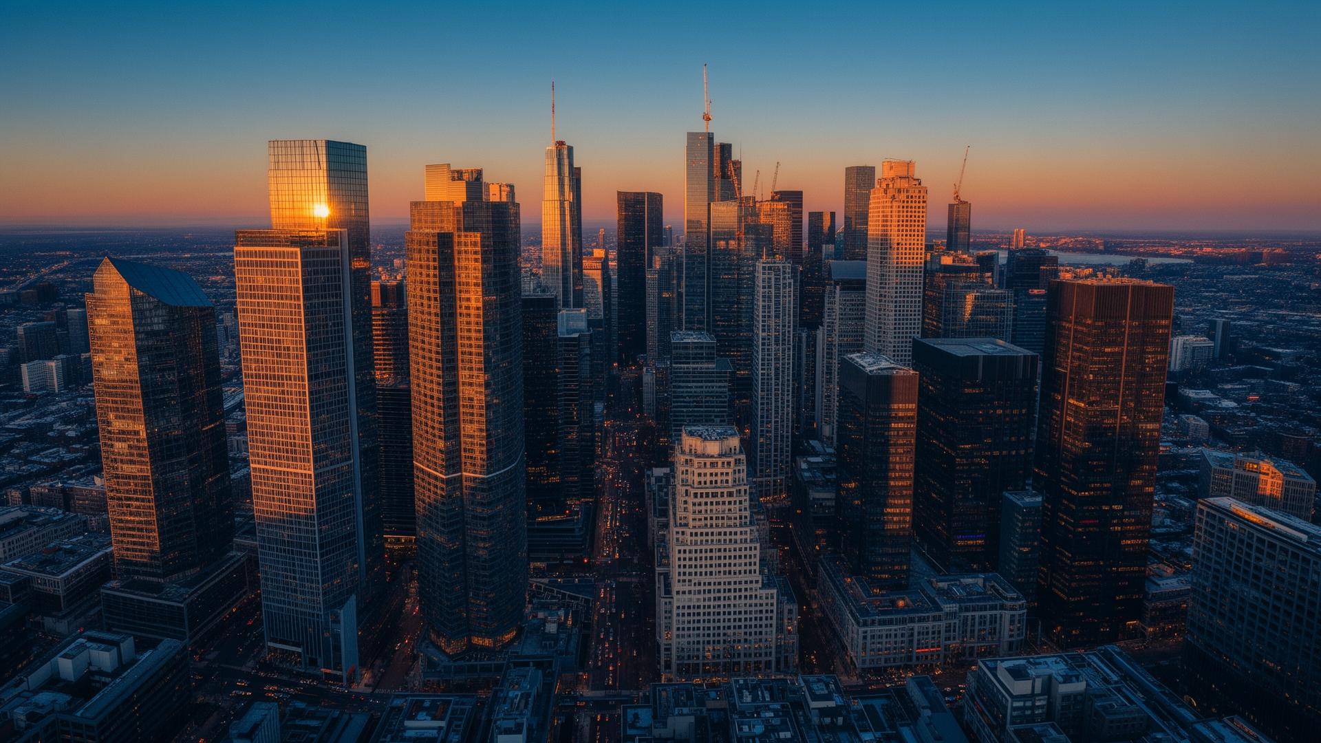 Skyline financeiro internacional ao entardecer